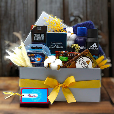 Grooming and Indulgence Set, Gillette Shave Foam, Adidas Deo Spray, Fair and Handsome Cream, Davidoff Cool Water, Ferrero Rocher, Ritter Chocolate